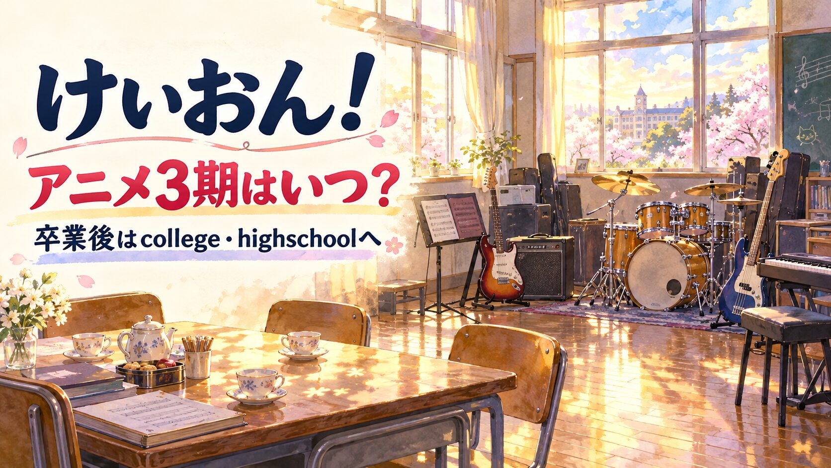 けいおんのアニメ3期と卒業後の漫画college・highschoolを案内するイメージ