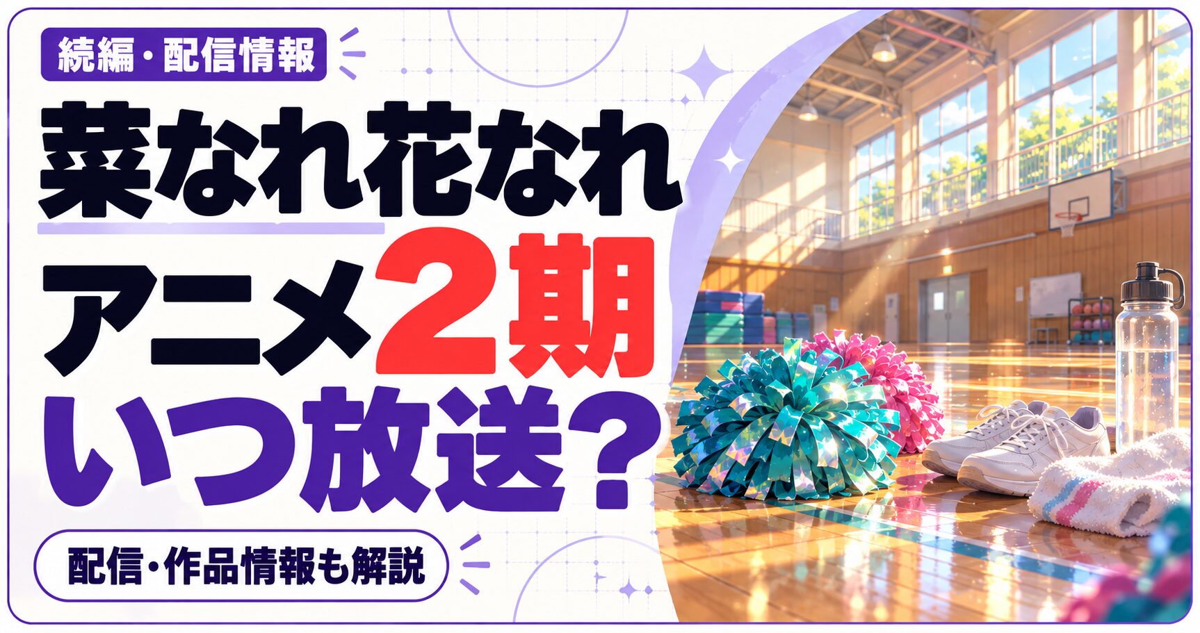 菜なれ花なれのアニメ2期はいつ放送かを問いかける文字と、作品ジャンルをイメージした独自のイラストを組み合わせた画像